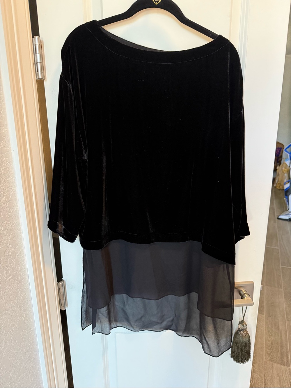 Eileen Fisher Black Velvet Bateau Neck Sheer Hi-Lo Hem Top. Sz PM